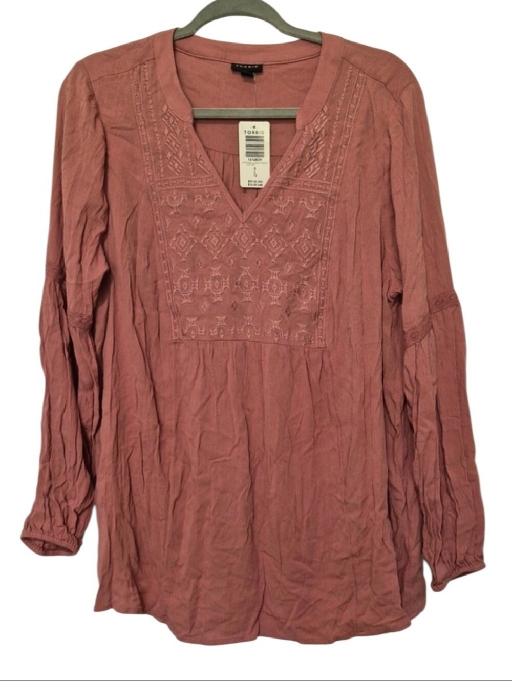 Torrid Embroidered Crinkle Gauze Blouse Size 0 Large Dusty Rose NWT